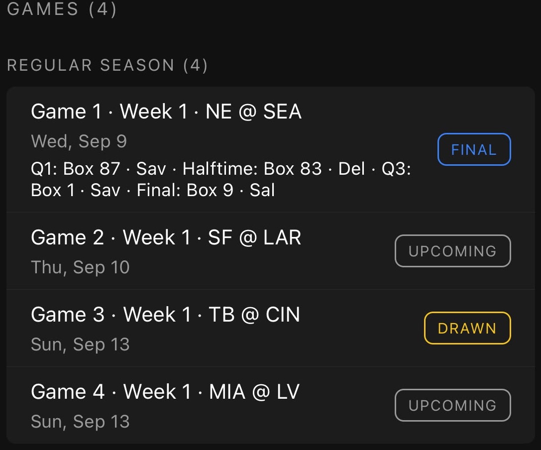 A season series pool showing its run of games