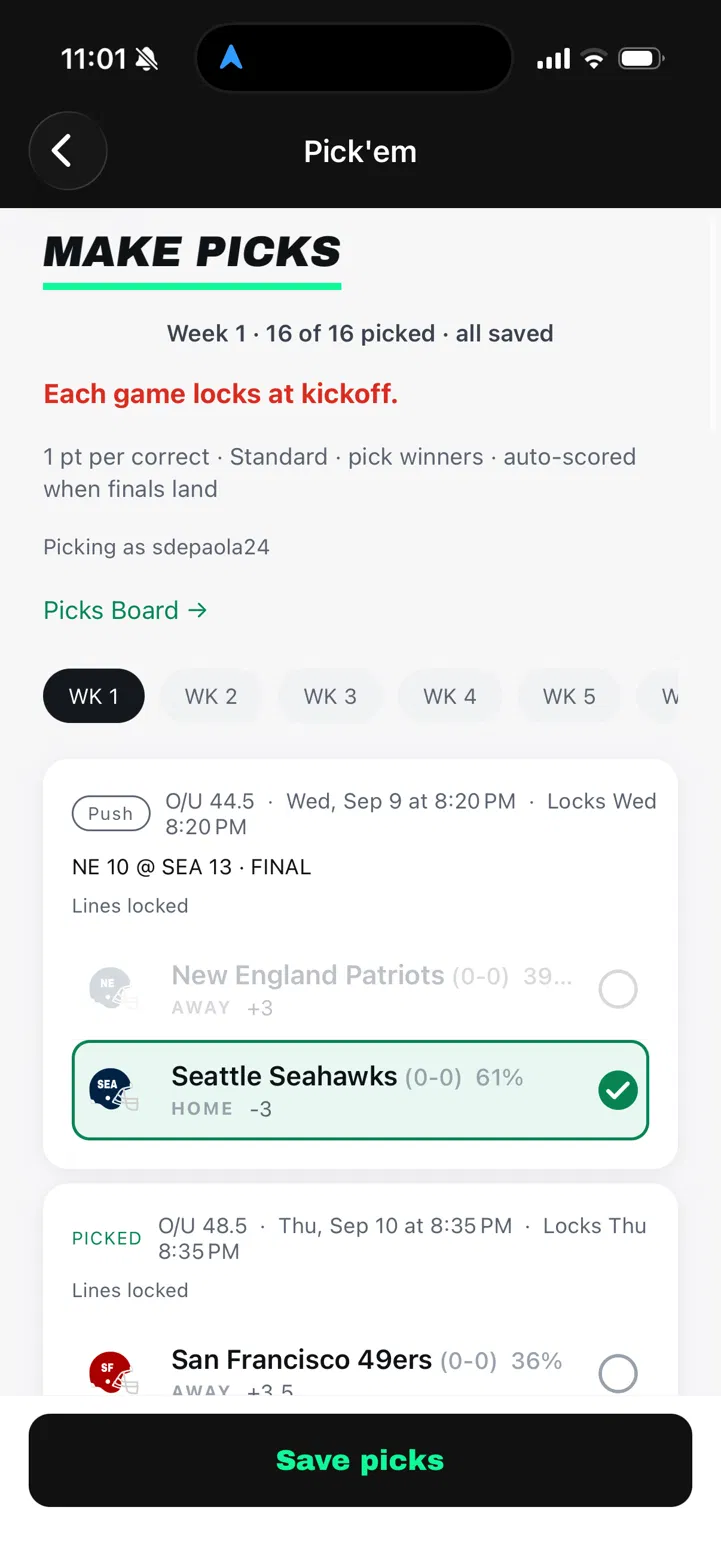 Pick’em Make Picks: Week 1, 16 of 16 picked, Seattle selected and the finished game marked Push.