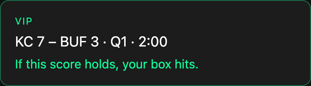Sample score/status panel: KC 7–BUF 3, Q1, 2:00. If this score holds, your box hits.